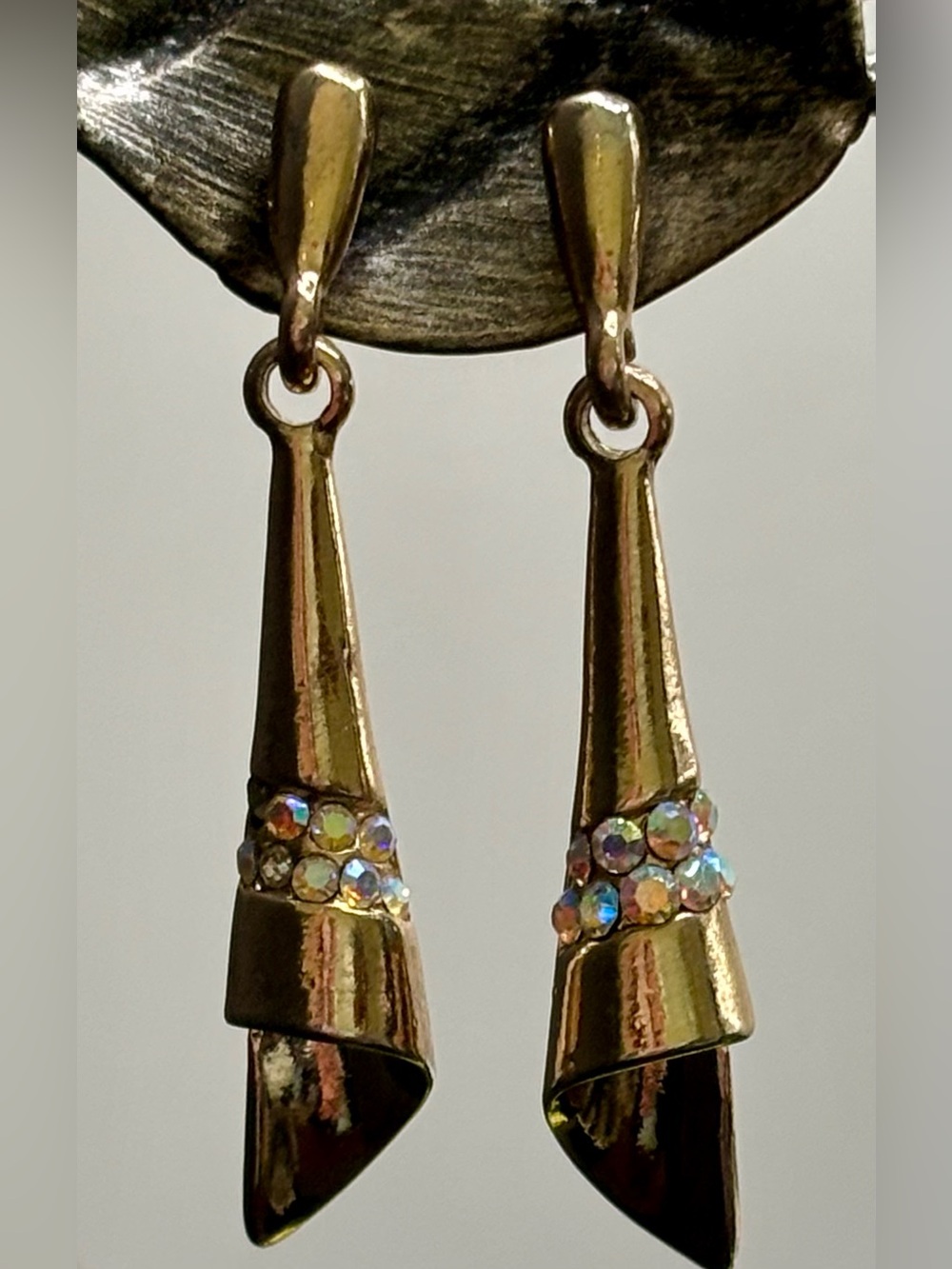 Modernist Gold Cone Dangle Earrings Iridescent AB Rhinestone Costume Jewelry